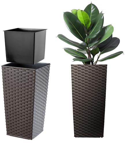 KADAX Pflanzkübel mit Innentopf, Höhe 68cm, Mokka Rattan – Wetterfester Blumentopf für Innen & Außen, ideal für Garten, Balkon & Terrasse, zum Bepflanzen, Dekorieren und als stilvoller Übertopf