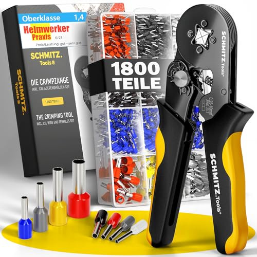 SCHMITZ.Tools Crimpzange mit 1.800 Aderendhülsen Set - Für saubere Crimps wie vom Fachmann - Selbsteinstellend [0,25–10mm²] - Geprüfte Zange, die du wirklich brauchst