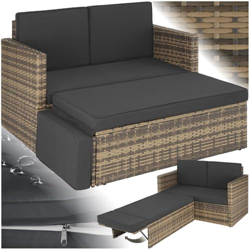 tectake Sofa Set - 2 Sitzer Sessel mit Hocker und Schlaffunktion, kleine Rattan Couch als Outdoor Gartenmöbel, wetterfest für Lounge, Balkon und Garten, klappbar mit Polstern