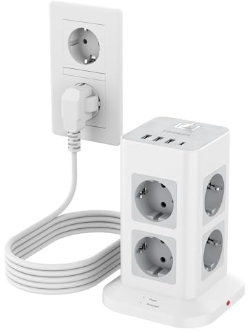 TESSAN Mehrfachsteckdose mit USB C, Verlängerungskabel 5M, Grau | 8 Fach Steckdosenleiste Überspannungsschutz, 4 USB Ports, Mehrfachstecker 3600W, Steckdosenturm mit Schalter für Zuhause