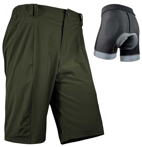 Wulibike Radhose Herren MTB Hose Kurz Fahrradhose Gepolstert 2 in 1 Mountainbike Shorts für Männer mit Polsterung Fahrrad Radfahrhose Reißverschlusstaschen Grün L