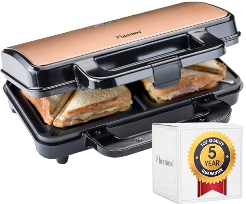 Bestron XL Sandwichmaker für 2 Sandwiches, 900 Watt – Antihaftbeschichteter Sandwich-Toaster mit automatischer Temperaturregelung und Bereitschaftsanzeige, schnelle Zubereitung, einfache Reinigung