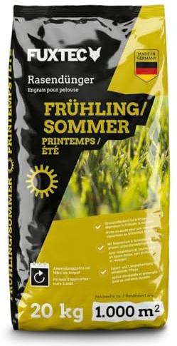 FUXTEC Rasendünger Frühling/Sommer FX-RDFS20, stickstoffbetonter Rasendünger für gleichmäßiges Wachstum, 20 kg Granulat für ca. 1000 m², langanhaltende Nährstoffversorgung