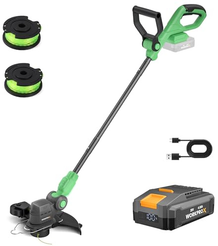 WORKPROX Akku-Rasentrimmer 20 V mit 4,0-Ah-Akku & Typ-C-Ladekabel | 2-in-1 Kabelloser Rasenkantenschneider inkl. 2 × 5 m Nylonfaden, 30 cm Schnittdurchmesser mit Drehbarem Trimmerkopf