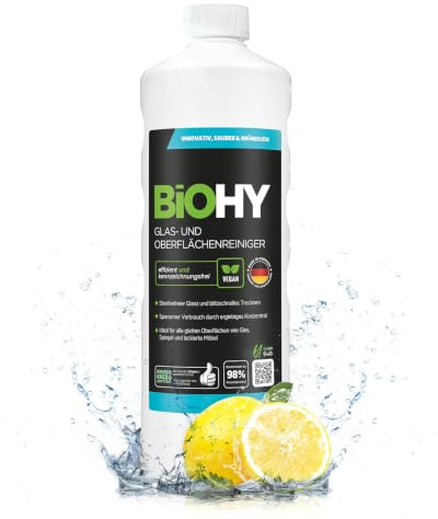 BiOHY Glasreiniger Konzentrat Oberflächenreiniger streifenfrei (1l Flasche) | Fensterputzmittel für Spiegel, Kunststoff, Küche und Bad, schlierenfrei – auch für Fenstersauger und Fensterroboter