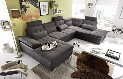 Wohnlandschaft Jakarta U-Form mit Schlaffunktion, Bettkasten, verstellbaren Armlehnen & Kopfstützen – großes Sofa 324x170x107 cm, Stoff Schwarz/Lava rechts