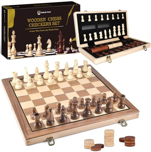 ZOBMIO 39 x 39 cm Tragbare Schach Klappbar, Holzschachspiel für Erwachsene, Tragbares Schachbrett Faltbares magnetisches Schachspiel Brettspiel für Kinder Anfänger Reisen Schachfigurenset