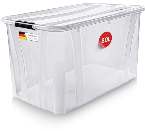 KONZEPT Aufbewahrungsbox 80 L mit Deckel, verstärkte Konstruktion | Transparente Kunststoffbox mit Verstärkungsrippen für mehr Stabilität, stapelbar, robuste Clips – ideal für Küche & Haushalt