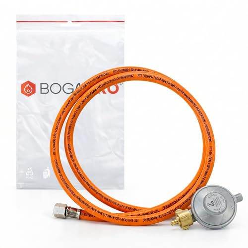 BOGAPRO Set aus Propangasschlauch 150 cm und Gasdruckregler 50 mbar, Druckminderer und Schlauch mit 1/4 Linksgewinde, EN 16436-1 Class 2, Propan/Butan, inkl. Polybeutel