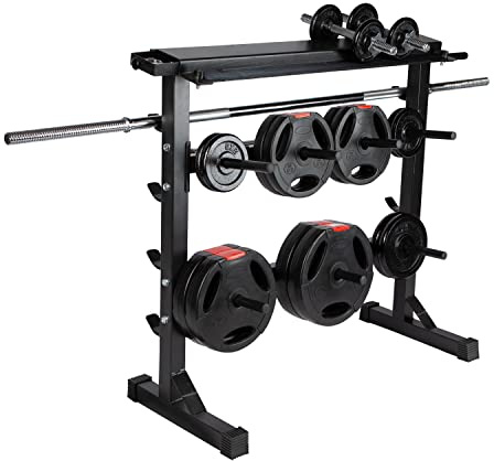 Ultrasport Hantelablage Ablage von Hantelscheiben, Kurzhanteln & Langhanteln, auf 3 Ebenen, inkl. Handtuchhalter, Haken & Schublade für Zubehör, stabiles Stahlgestell, bis 300 kg belastbar