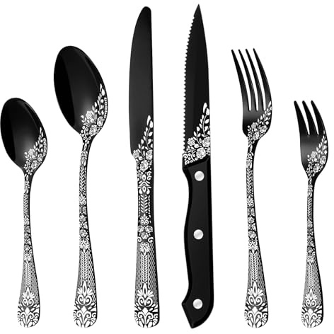 Besteck Set Schwarz für 6 Personen, HONKKU 36-teiliges Edelstahl Besteckset mit Steakmessern, Essbesteck Set Spiegel Polierter mit Blumenmustern, Gabel Löffel Messer Set Geschirrspüler Safe