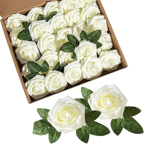 Coztie Künstliche Rosen, 25 Stück Blumen Schaumrosen, Gefälschte Kunstrose Rose Künstliche, Deko Blumen Fake Rosen für DIY Hochzeit Blumensträuße Braut Zuhause Dekoration Elfenbeinweiß