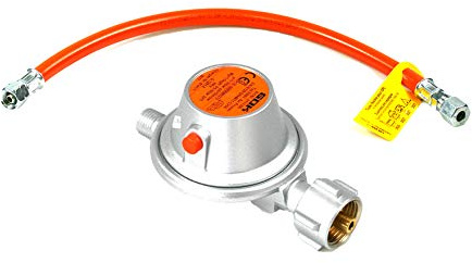 Gasregler Caravan 50 mbar 1,5 kg/h - GOK Fahrzeugregler - Gasschlauch 8 mm | Niederdruckregler KLF - Sicherheitsabblaseventil PRV - Schlauch 40 cm 1/4 Zoll Überwurfmutter - DVGW - Made in Germany