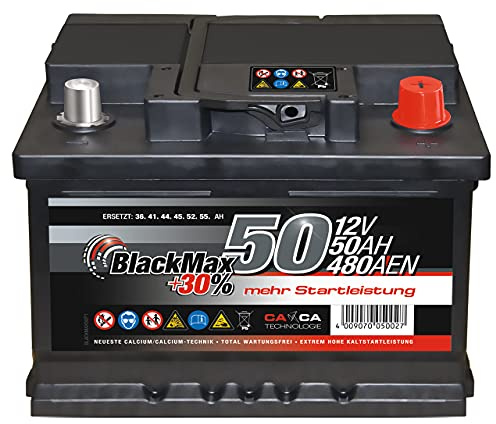 BlackMax Autobatterie 12V 50Ah 480A/EN Starterbatterie | Wartungsfrei und 30% mehr Leistung für PKW ersetzt 36Ah 41Ah 44Ah 45Ah
