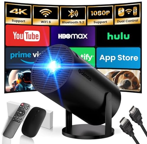 Mini Beamer 4K Full HD 1080P mit Apps Projektor, Smart Beamer mit WiFi 6 und Bluetooth 5.2 Auto Keystone 180° Drehbar Kompatibel mit HDMI/TV Stick/Memory Stick/Laptop, Schwarz