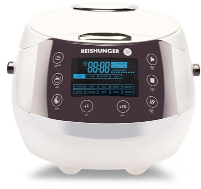 REISHUNGER Digitaler Reiskocher & Dampfgarer Weiß | 1,5 L bis 8 Personen | Warmhaltefunktion, Timer & Premium Innentopf | Multikocher, 12 Programme, 7-Phasen-Technologie