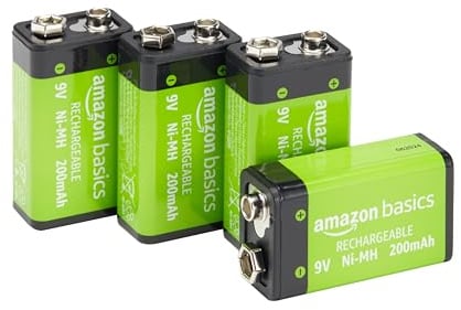 Amazon Basics 9V-NiMH-Akkus, wiederaufladbar, 200 mAh, bis zu 1000-mal aufladbar, vorgeladen, 4 Stück
