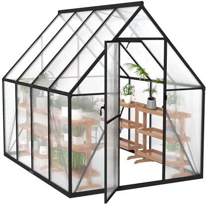 Froadp Gewächshaus aus Aluminium mit Fundament 225x170x195cm Gartengewächshäuser 4mm PC-Hohlkammerplatten Wetterfest Treibhaus, Tomatenhaus mit Fenstern Treibhaus für Garten & Aufzucht