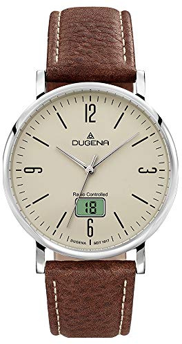 DUGENA Herren-Armbanduhr 4460845 Mondo, Funk, Quarz, beigefarbenes Zifferblatt, Edelstahlgehäuse, Saphirglas, Lederarmband, Dornschließe, 5 bar