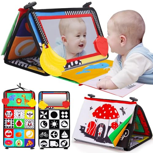Lypsochaat Baby Spiegel Spielzeug mit Knisterbuch Baby Beißring, Baby Montessori Spielzeug 0 3 6 Monate, Faltbares Schwarz Weiss Spielzeug, Sensorische Lernspielzeug Geschenk für Babys