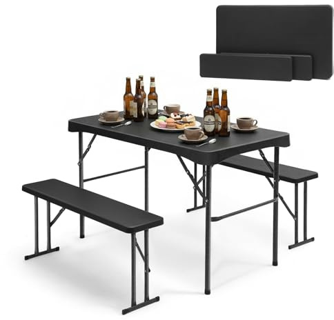 Sekey Bierzeltgarnitur Klappbar Kunststoff | 113 x 61 cm Esstisch Set mit 2 Bänken für 4 Personen | Festzeltgarnitur für drinnen - draußen | Biertisch Set Garten (Schwarz)