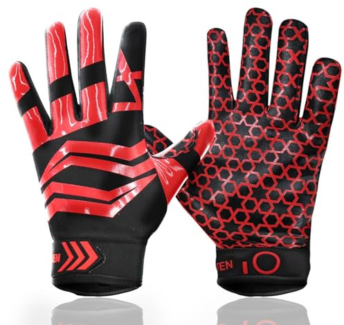 FINGER TEN American Football Receiver Handschuhe für Youth Jungen Mädchen, Torwarthandschuhe rutschfest Impact Palm Protection Outdoor Sport, Wasserdicht Gloves Fit Kinder Alter 5-14 (Rot, S)