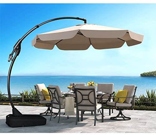 Grand patio Sonnenschirm mit Schirmständer, Gartenschirm 300cm mit Volant, Neigungswinkelverstellung, UV-Schutz UPF 50+, Marktschirm mit Kurbel, für Garten, Balkon, Terrass (Beige)