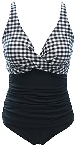 Laorchid einteiliger Badeanzug bademode v Ausschnitt Damen Badeanzug bauchweg Push up Bademode Swimsuit high Waist Schwimmanzug Schwarz mit Weiß Gitter XXXL