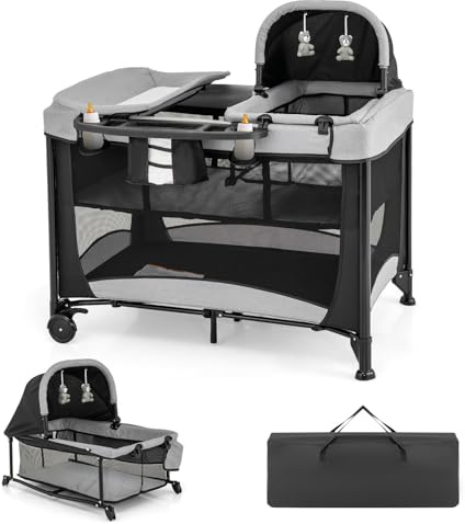 COSTWAY 5 in 1 Beistellbett mit Rollen, Reisebett faltbar mit Matratze, 2 Ebenen Kinderbett mit Wickelauflage & Aufbewahrungskorb, Babybett Stubenwagen mit Tragetasche, 15kg belastbar (Schwarz)