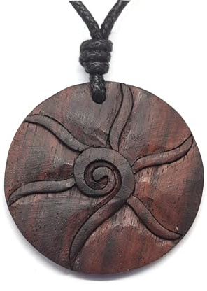 Drachensilber Sonnen Symbol Holz Kettenanhänger mit längenverstellbarem Baumwollband – 100% Handarbeit Anhänger Kette Holzschmuck – Symbolschmuck Damen Herren
