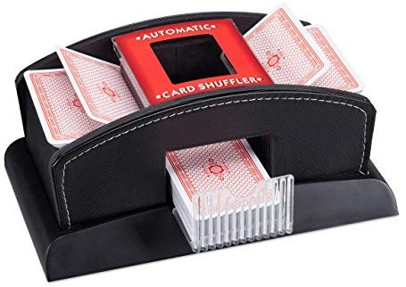 Relaxdays , schwarz Kartenmischer Elektrisch, Leder, 2 Decks, Mischgerät zum Mischen von Karten, Kartenmischmaschine, Standard, für Standard-Spielkarten mit einer Größe von 6,3×9,2 cm