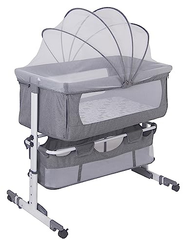 homewell Beistellbett Baby, 2 in 1 Babybett und Babywiege, Beistellbett Baby Boxspringbett, Kinderbett mit Rollen, Moskitonetz, Lagerungstasche und Matratze, Höhenverstellbar Struktur (Modell 1 Grau)