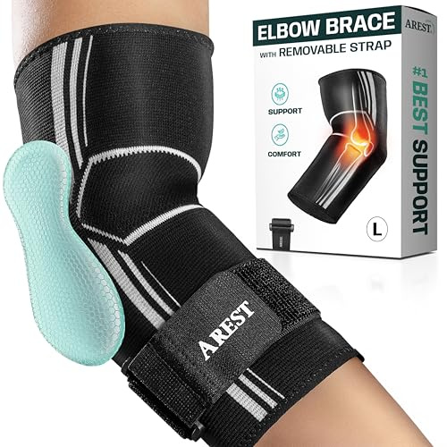 AREST Ellenbogenbandage mit Kompressionsband - Sportliche Ellbogen Bandage - Ellenbogen Bandagen Herren und Damen - Bandage Ellenbogen für Gym - Ellbogenschoner Verstellbar (L)