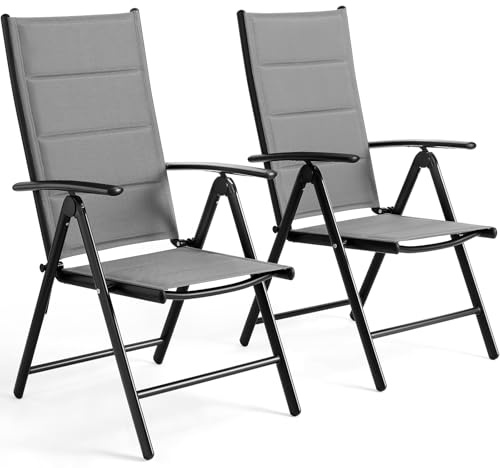 LIFERUN Gartenstühl Hochlehner Klappbar, 2er Set Aluminium Balkonstuhl,mit Gesteppte Rückenlehne & Sitzfläche,7-Fach Verstellbar,Bis 120 kg, Outdoor Esszimmerstuhl, Armlehnen Klappstuhl, Grau, 2 PCS