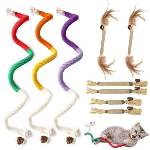 ZYNERY 9 STK Katzenminze Spielzeug, 3 Katzen Beißseil und 6 Katzenminze Sticks, Kauspielzeug Katze Interaktives Beißseil, Katzenminze Stick Spielzeug, Katzenspielzeug für Katzen Zahnpflege