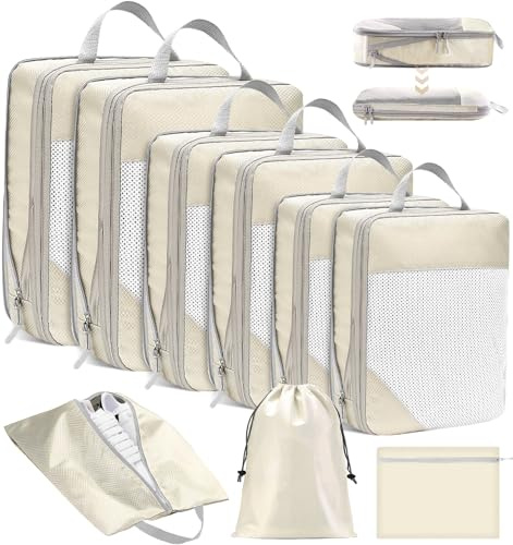 POWZOO 9 Teilige Compression Packing Cubes Set,Koffer Organizer(Beige) | Maximaler Stauraum,Mit Schuhtasche & Waschbeutel,Perfekt für Familienurlaub, Langstreckenreisen,Koffer-Ordnung