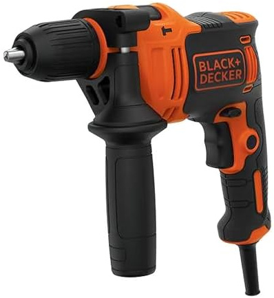 BLACK+DECKER 710W 1-Gang Schlagbohrmaschine (13mm Schnellspannbohrfutter, konstanter Rechts-/Linkslauf, Griffgummierung, Zweihandgriff, inkl. 2x HSS Bohrer, 2x Steinbohrer, im Koffer) ‎BEH710K-QS