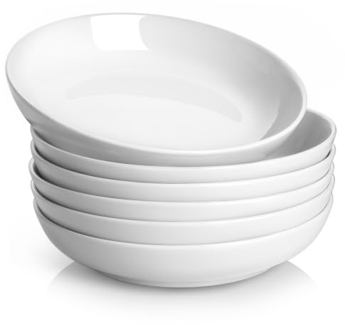YHY Tiefe Teller 6er Set, 21.5 x 4.6 cm Tiefe Essteller, Suppenteller, Salatschüsseln, Pastaschüssel für 6 Personen, Große Speiseteller Porcelain für Pasta, Gulasch, Suppen und Salat-880 ml, Weiß