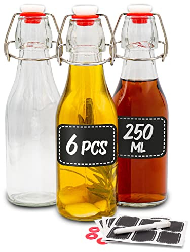 Praknu 6er Set Glasflaschen 250ml mit Bügelverschluss - Bügelflaschen Zum Befüllen - inkl. 6 Extra Dichtungen & 12 Etiketten mit Stift - Glasflaschen für Öl, Essig, Likör, Saft & Sirup