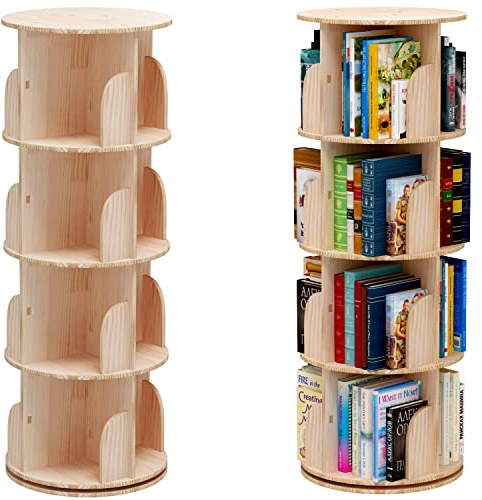 PTUWODS Drehbares Bücherregal, Standregal, 360 Grad, Lagerregal für Bibliothek, Schlafzimmer, Wohnzimmer，multifunktionales Bücherregal Massivholz (4 böden)