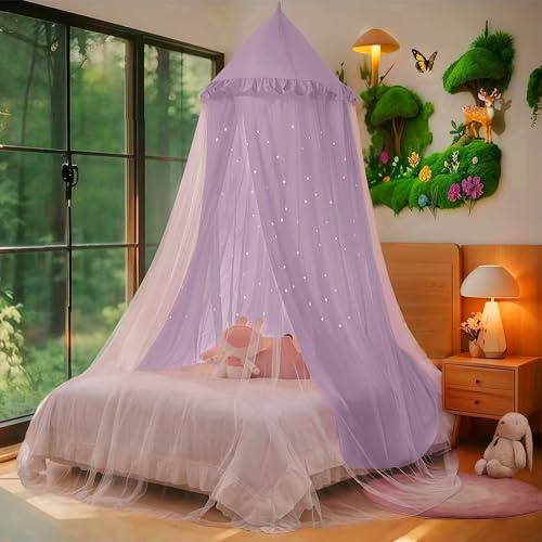 Eimilaly Prinzessin Bett Baldachin für Mädchen, Doppelte Lage Baldachin mit Cutout Sterne, passt Twin/volles Bett, violett