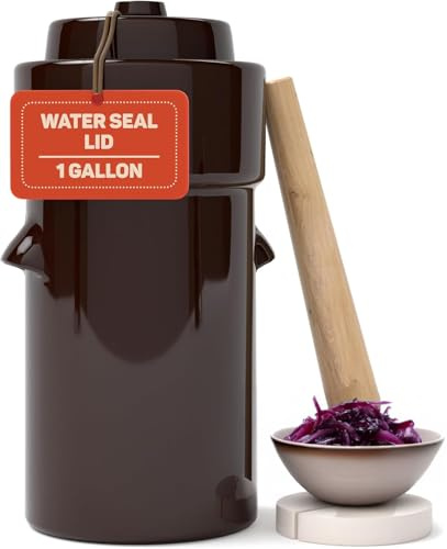 Sauerkrauttopf 4 Liter - Gärtopf zum Einlegen & Fermentieren | Mit Deckel, Krautstampfer & Fermentiergewichte – Gurkentopf Steintopf für Sauerkraut, Kimchi, Gurken - Steingut
