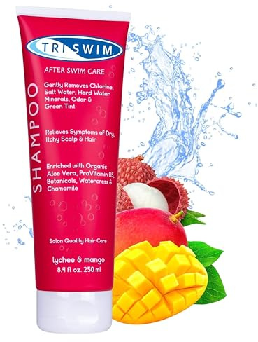 TRISWIM Shampoo zur Chlorentfernung | Pflege nach dem Schwimmen | Feuchtigkeitsspendendes Veganes Anti-Chlor Shampoo for Schwimmer | Litschi-Mango (250ml)