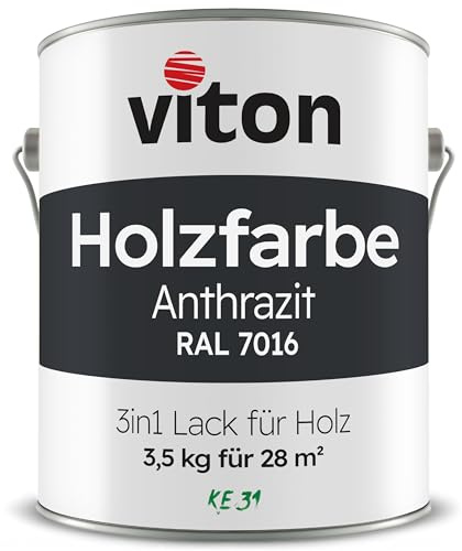 Viton Holzfarbe in Grau - 3,5 Kg Holzlack Seidenmatt - Wetterschutzfarbe für Außen - 2in1 Grundierung & Deckfarbe - Profi-Holzschutzlack - KE31 - RAL 7016 Anthrazitgrau