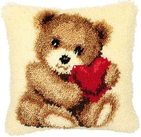 Raixleb Knüpfkissen zum Selber Knüpfen Set Erwachsene Kinder Vorbedruckt Leinwand All-In-One Set DIY Latch Hook Kits Pillow Cover für Anfänger Profi für Hause Sofa 43x43 cm Bär Herz