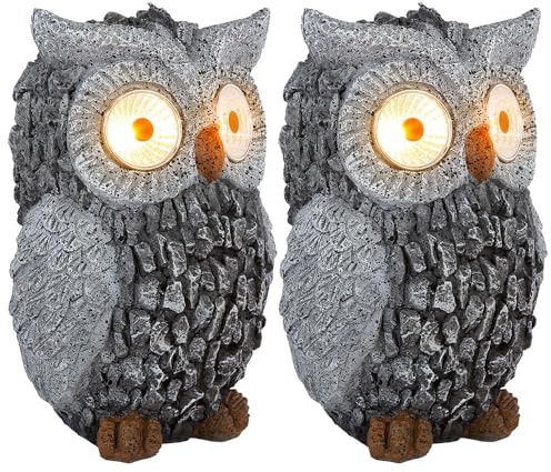 Solar Eule Gartenskulptur für Außen Gartendeko Figur Skulptur grau Akku, Kunststoff, 2x LED 3000K, LxBxH 13,5x11,5x19,5 cm, 2er Set