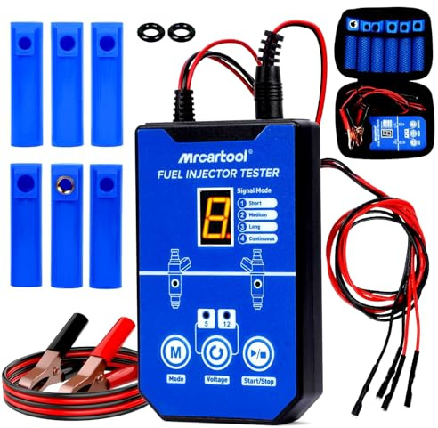 MRCARTOOL Kfz Kraftstoff-Einspritzdüsen-Prüfgerät 12V Fuel Injector Tester mit 6 Düsen für 5V 12V EFI GDI Einspritzdüsen 8 Impuls-Modi Injektor Prufgerat Injektoren Reinigungsset, Dual Power,1M Kabel