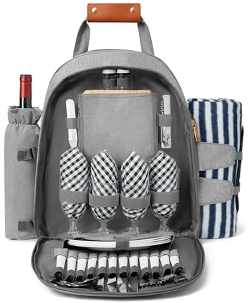 Picknick-Rucksack für 4 Personen mit Kühlfach und Weinhalter, Fleecedecke, Besteck-Set, für Camping, Strand, Tagesreisen, Wandern, Zubehör, Zubehör (Hellgrau)