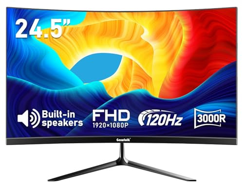 Gawfolk 24,5 Zoll Curved Monitor mit Eingebauten Lautsprechern, 3000R 120Hz PC Gaming Bildschirm Full HD 1920x1080P, HDMI 2.0, VGA, VESA 75 * 75mm