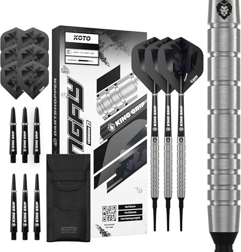 KOTO - Kingfly V1 90% Softdarts,18 G, Silber, Soft Tip Dartpfeile Inkl. 3 Barrels, 2 Sets Flights + Schäfte & Dartwallet, Firm Ringgrip